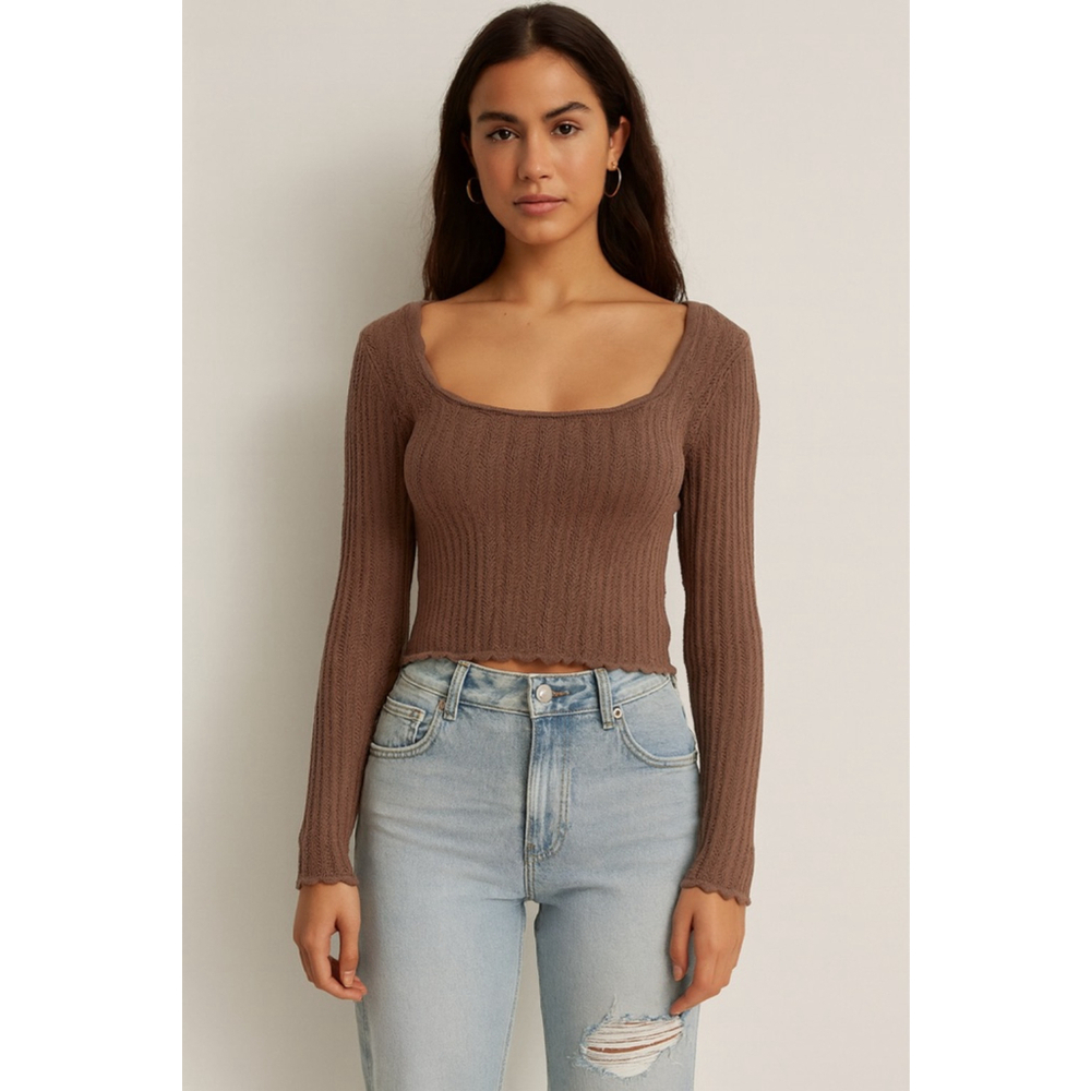 Wilfred Aritzia Scallop Square Neck Knit Top Small Brown Long Sleeve Cropped